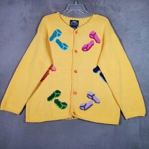 Rey Wear Cardigan Sweater Womens L Yellow Flip Flops Hand Knit‎ Artsy Kitsch